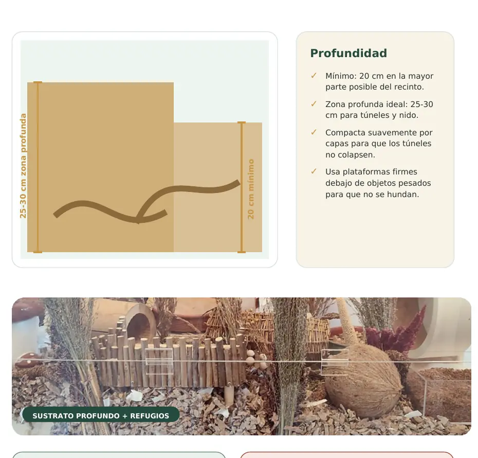 Diagrama de profundidad y ejemplo de sustrato para un hámster sirio